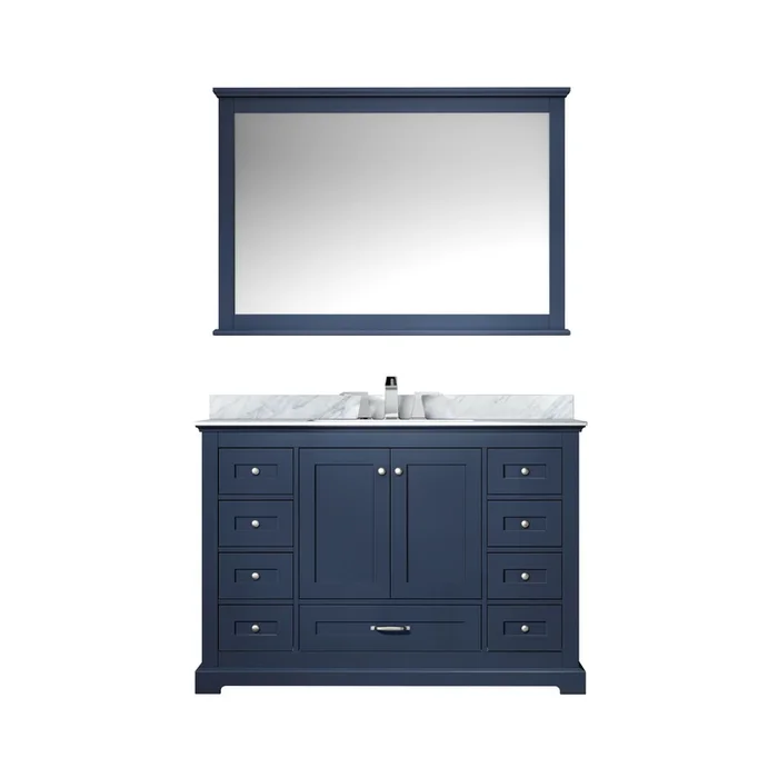 48 ” Navy Blue Single Vanity, White Carrara Marble Top, White Square Sink and 46 ” Mirror w/ Faucet