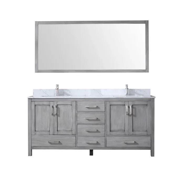 72 ” Grey Double Vanity, White Carrara Marble Top, Square Sinks, 70 ” Mirror