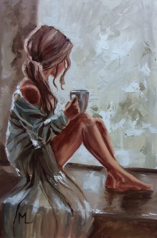 ” COFFEE TIME … “- liGHt ORIGINAL OIL PAINTING, GIFT, PALETTE KNIFE (2021) (2021) Oil painting by Monika Luniak