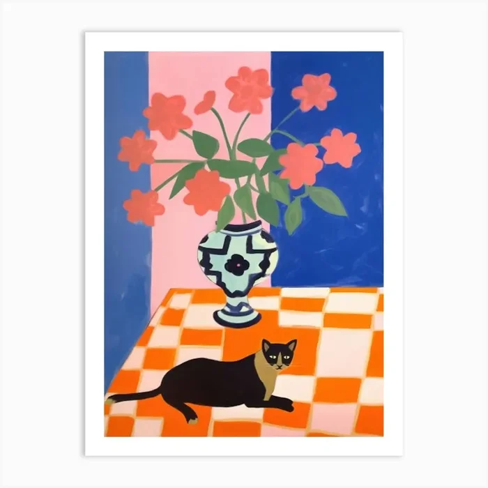 A Painting Of A Still Life Of A Dahlia With A Cat In The Style Of Matisse 2 Art Print by Mambo