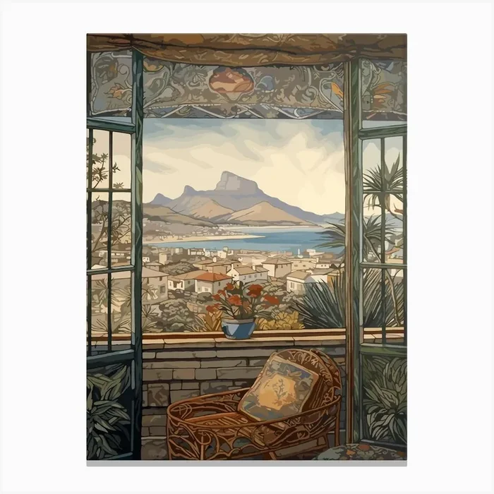 A Window View Of Cape Town In The Style Of Art Nouveau 1 Canvas Print by Urban Vistas