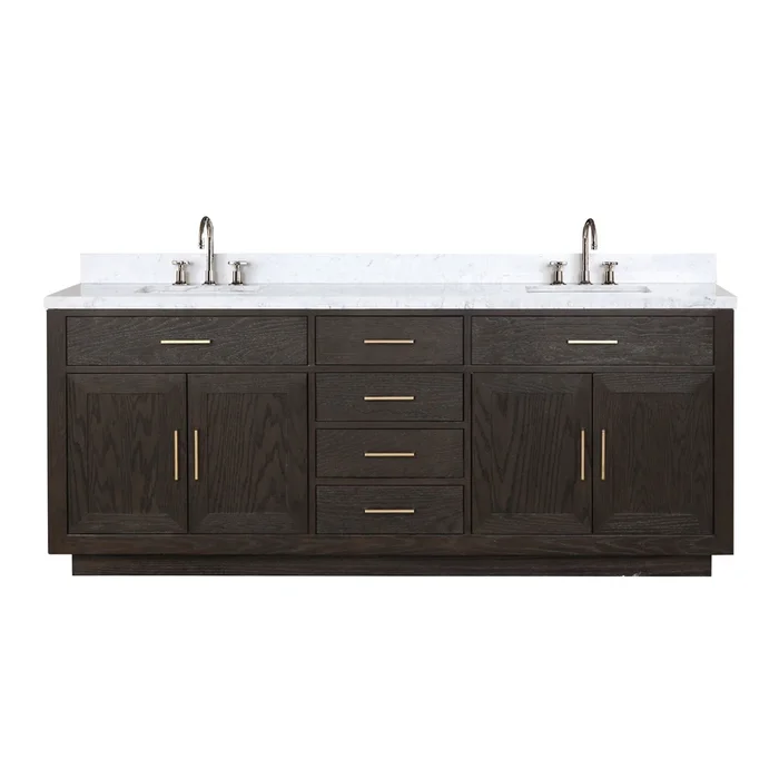 Abbey 84 in W x 22 in D Brown Oak Double Bath Vanity, Carrara Marble Top, and Faucet Set