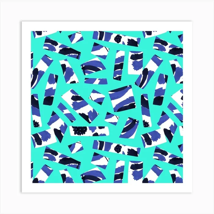 Abstract Blue Black On Green Cutouts Art Print by Shelworks Stationery