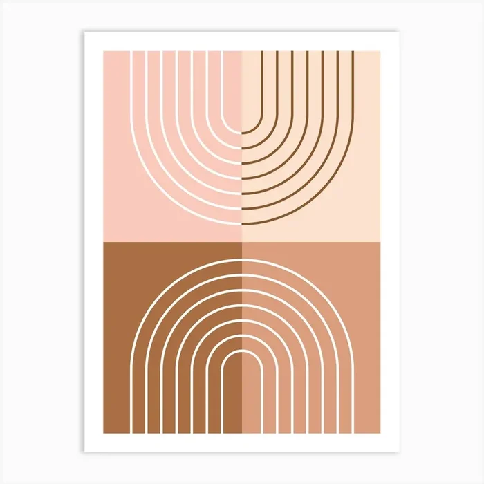 Abstract Rainbow Line and Blocks II in Brown Beige Peach Midcentury Modern Art Print by NineFlorals