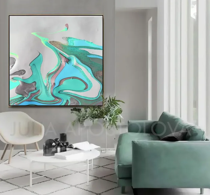 Abstract Seascape, White Turquoise Siver Green, Canvas Art Print, Modern Home Decor, Diptych Part 2