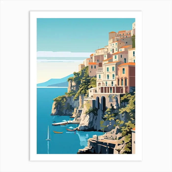 Amalfi Coast, Italy, Flat Illustration 3 Art Print by Dreamy Seasons Art