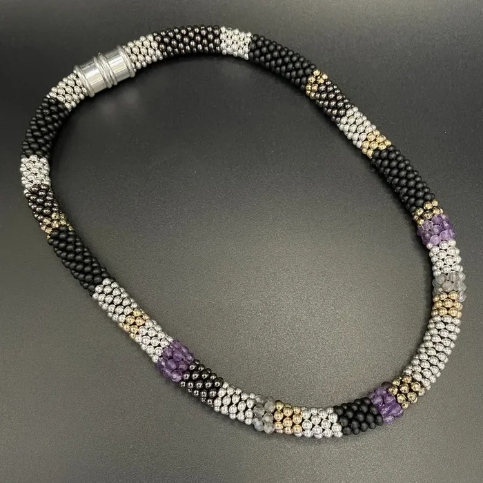 Amethyst and Metallic Bead Crochet Collar Necklace