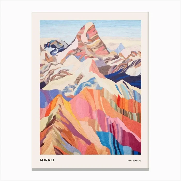 Aoraki New Zealand 1 Colourful Mountain Illustration Poster Canvas Print by WanderWall Prints