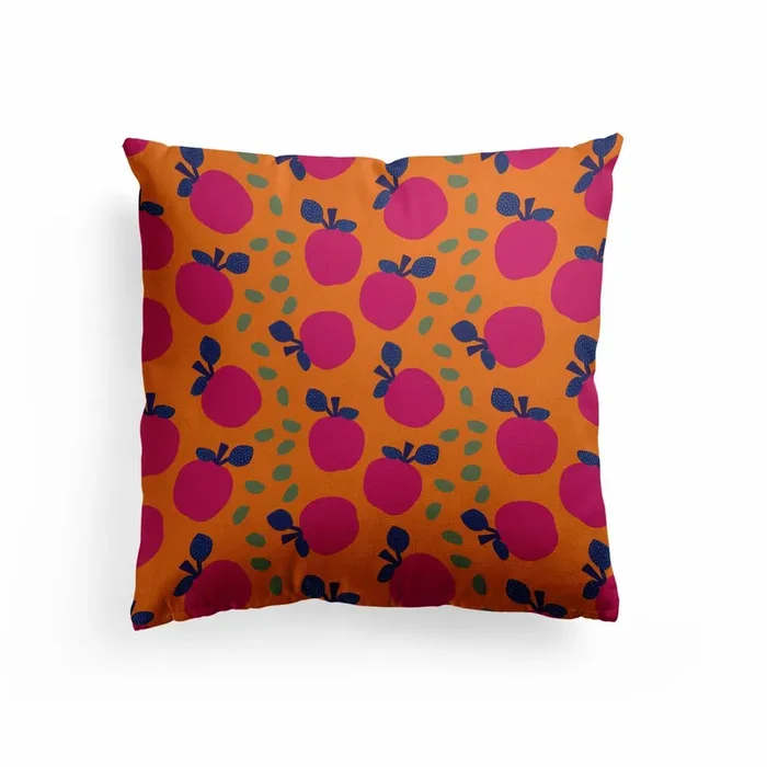 Apple Pattern On Orange Canvas Cushion by Ildiko Sipos