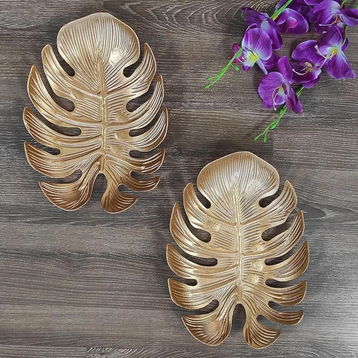 Art Street Golden Monstera Leaf Tray MDF Wall Plate For Living Room, Decorative Wall Hanging Carved Decal for Home D̩cor (Set of 2, 8.7×12 Inch)