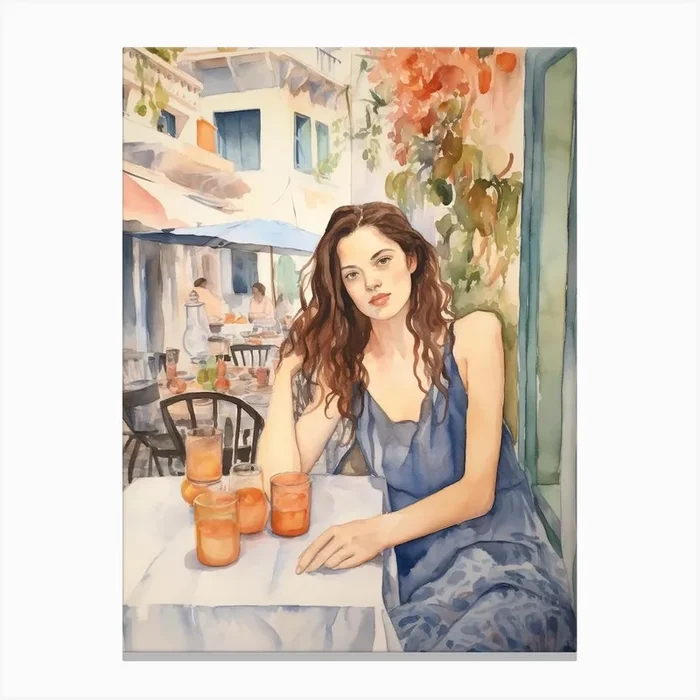 At A Cafe In Athens Greece Watercolour Canvas Print by MedArt