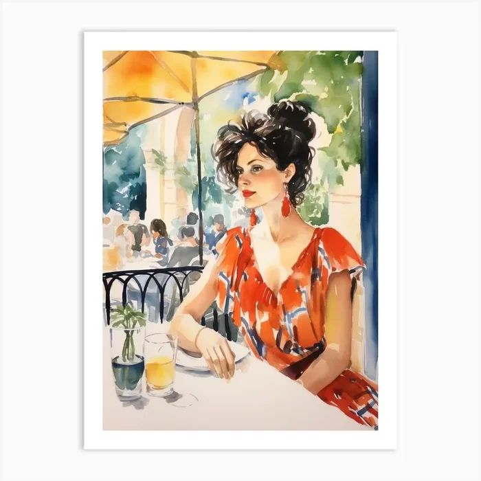 At A Cafe In Girona Spain Watercolour Art Print by MedArt