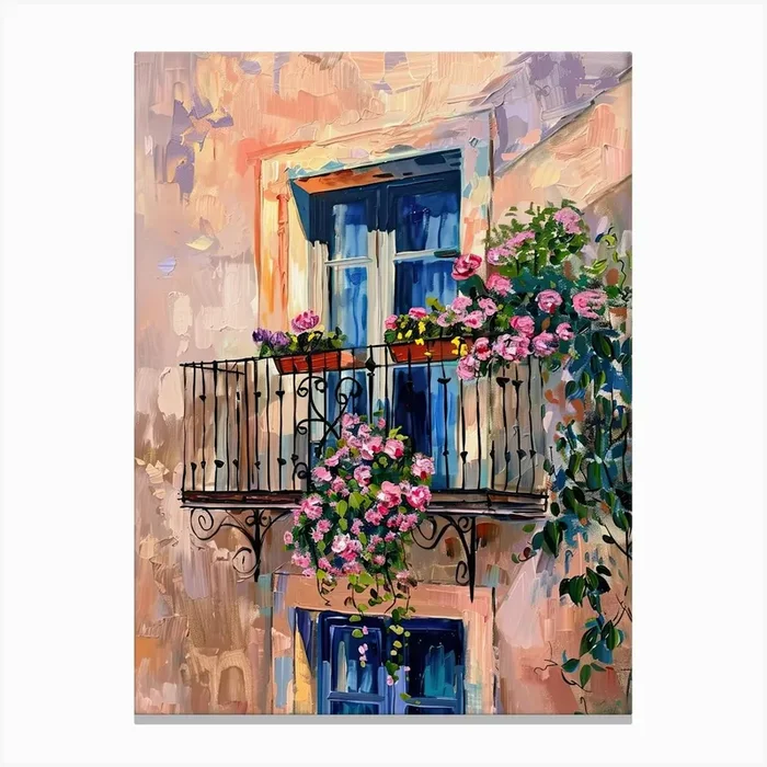 Balcony Painting In Barcelona 1 Canvas Print by Urban Vistas