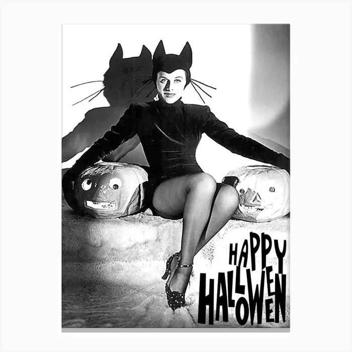 Beautiful Cat Woman Posing With Two Pumpkins Canvas Print by Vintage Spirit