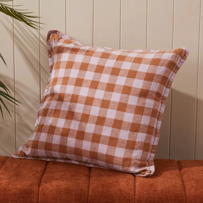 Belgian Check Vintage Washed Linen Lilac & Ginger Check Cushion