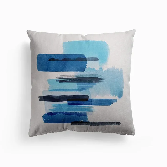 Big Watercolor Strokes Blue Canvas Cushion by Ninola Design
