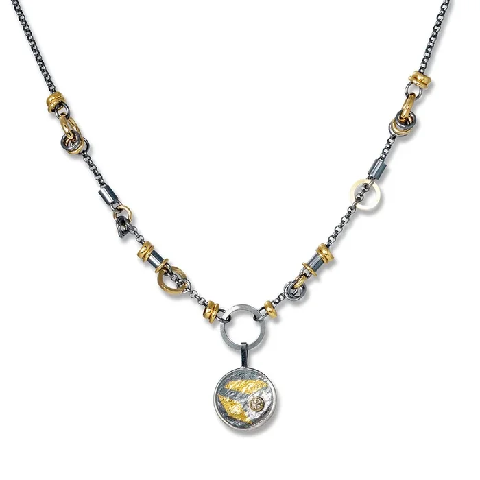 Black and Gold Keum-Bo Diamond Disk Necklace
