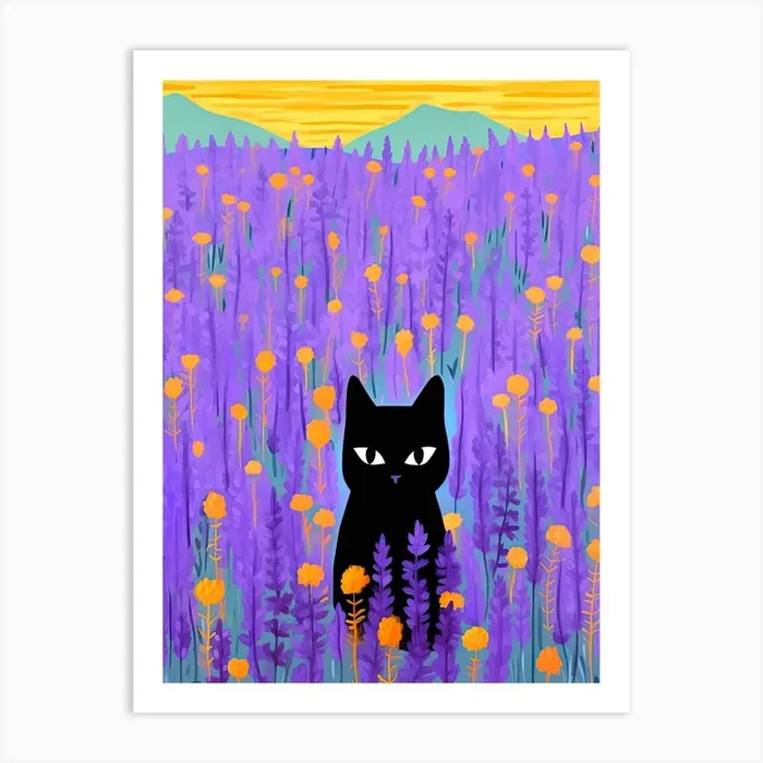 Black Cat Lavender Orange Flowers Field Art Print by Mambo