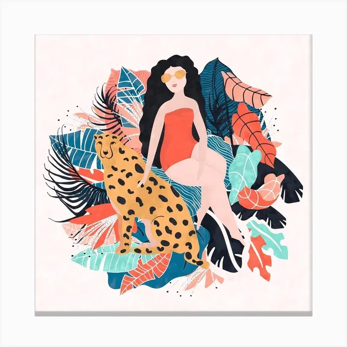 Black Hair Tropical Girl With Cheetah Canvas Print by Lidiebug