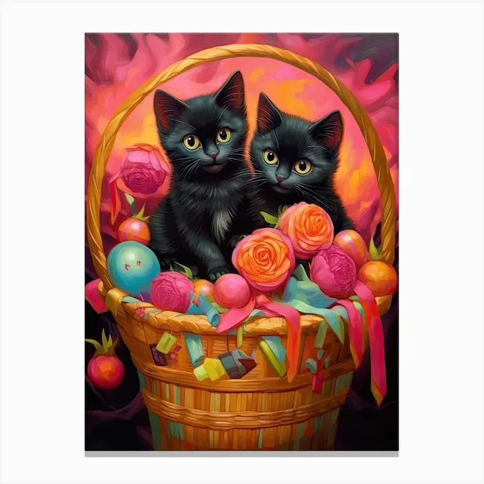 Black Kittens In A Basket Kitsch 4 Canvas Print by Mambo
