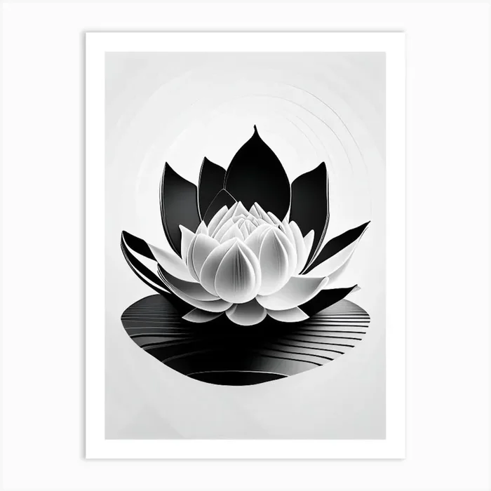 Blooming Lotus Flower In Pond Black And White Geometric 3 Art Print by The Artsy Florist