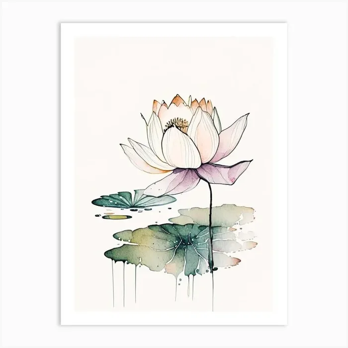 Blooming Lotus Flower In Pond Minimal Watercolour 3 Art Print by The Artsy Florist