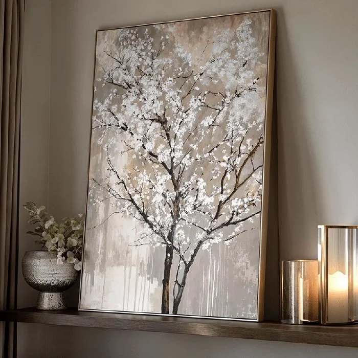 Blossom Tree Neutral Wooden Framed Canvas Wall Art