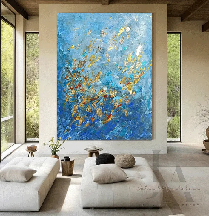 Blue Gold Wall Art, Abstract Gold Leaf Original Painting ‘Winter Waltz’ Zen Decor by JuliaApostolova