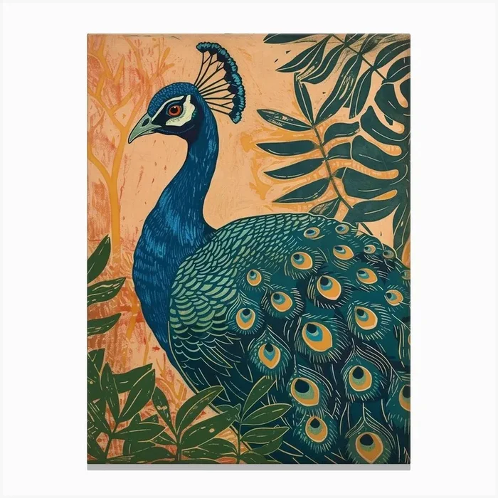 Blue Mustard Peacock With Tropical Leaves 2 Canvas Print by Featherline