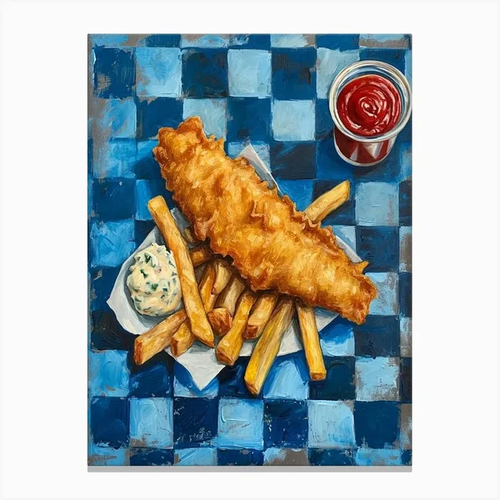 British Fish & Chips Blue Checkerboard Canvas Print by Artful Appetite