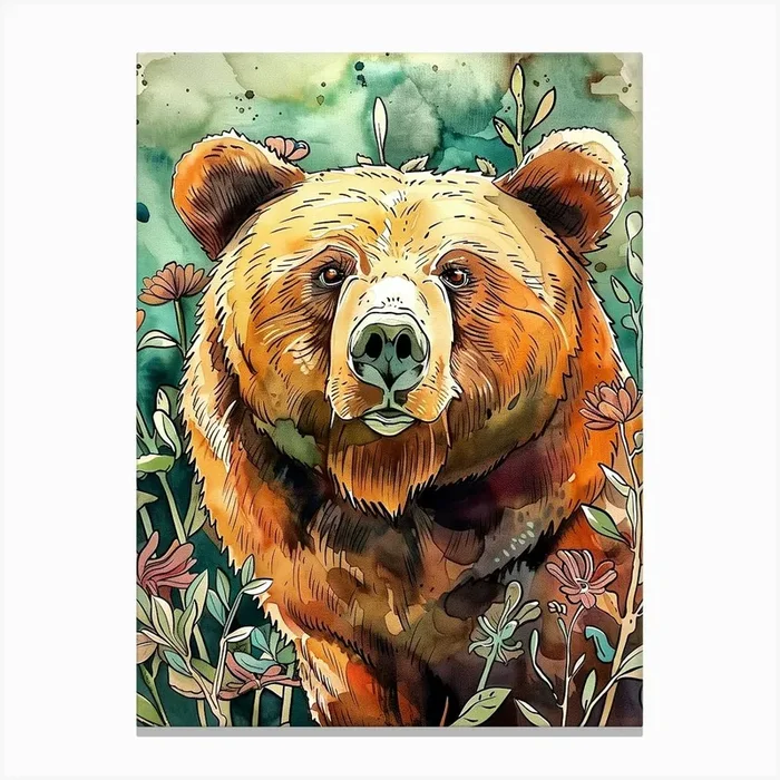 Brown Bear In The Wild animal art Canvas Print by JBJart Justyna Jaszke