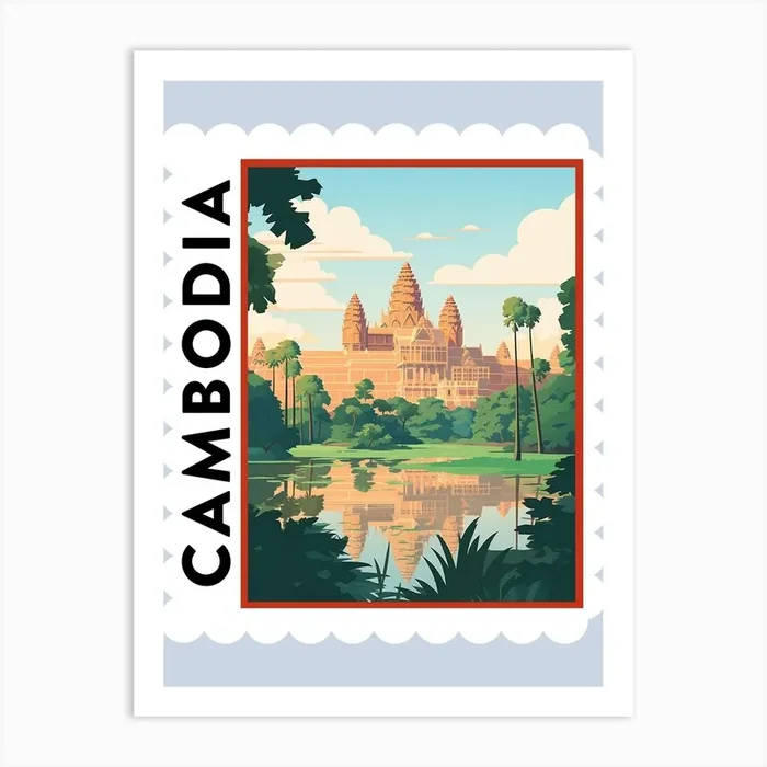 Cambodia Travel Stamp Poster Art Print by WanderWall Prints