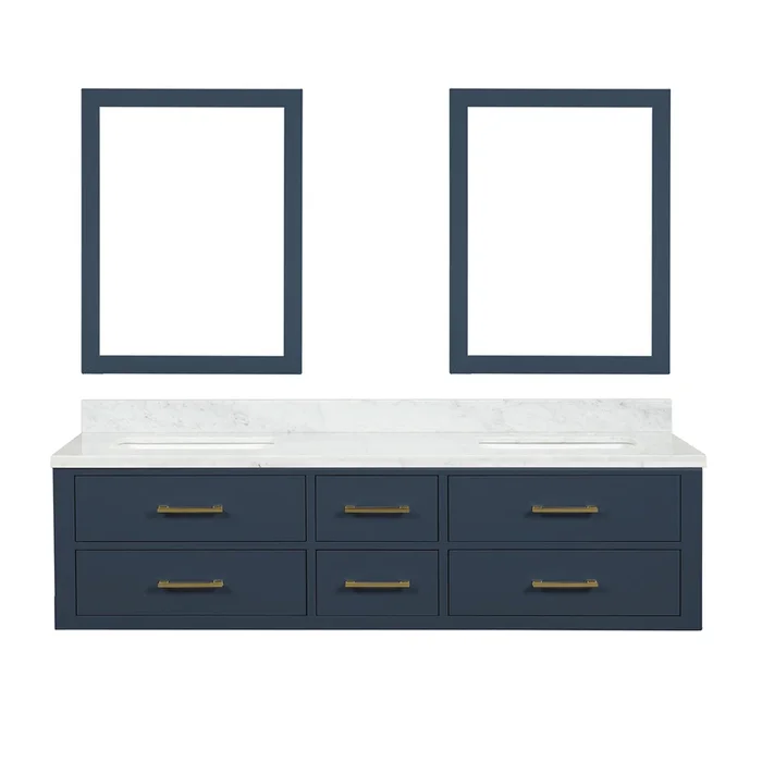 Castor 72 in W x 22 in D Blue Double Bath Vanity, Carrara Marble Top, and 34 in Mirrors