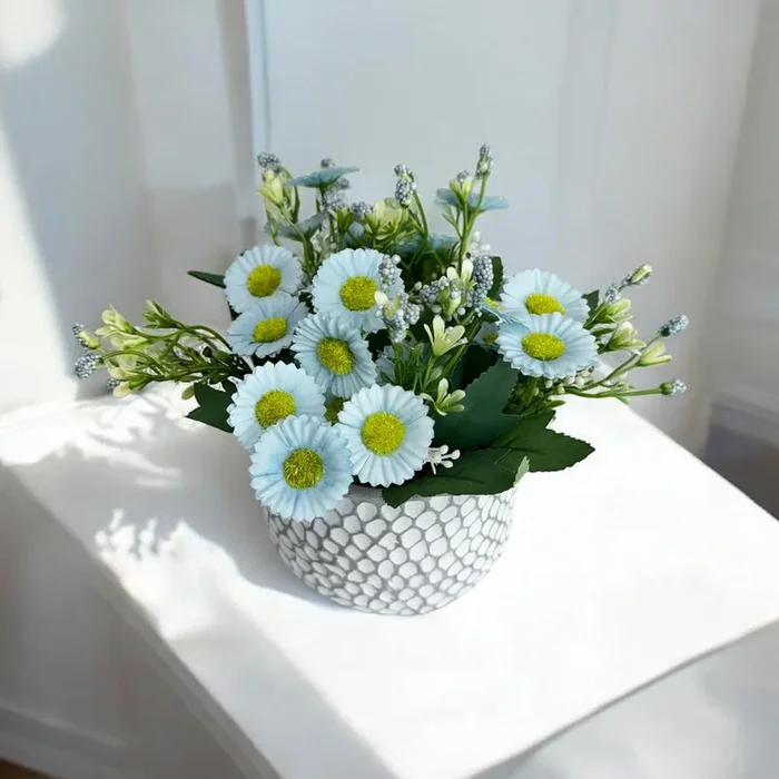 Cement Flower Vase with Artificial Flowers, White Daisy Sunflower Bouquet Silk Fake Flowers in Pot for Home, Table, Window, Living Room, Bedroom, Office (White, Size: 4.5×7 Inch)