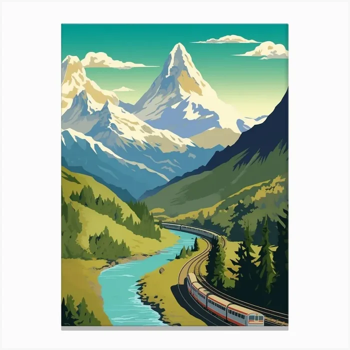 Chamonix To Zermatt France Switzerland Vintage Travel Illustration Canvas Print by WanderWall Prints