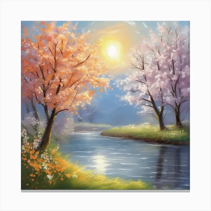 Cherry Blossoms By The River Canvas Print by Cats for you