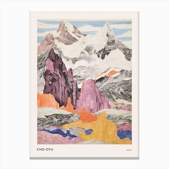 Cho Oyu Nepal 1 Colourful Mountain Illustration Poster Canvas Print by WanderWall Prints