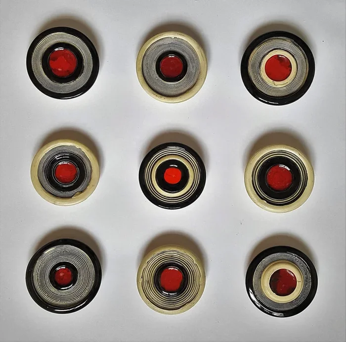 Circle Grid in Black, White, and Red – Set of Nine