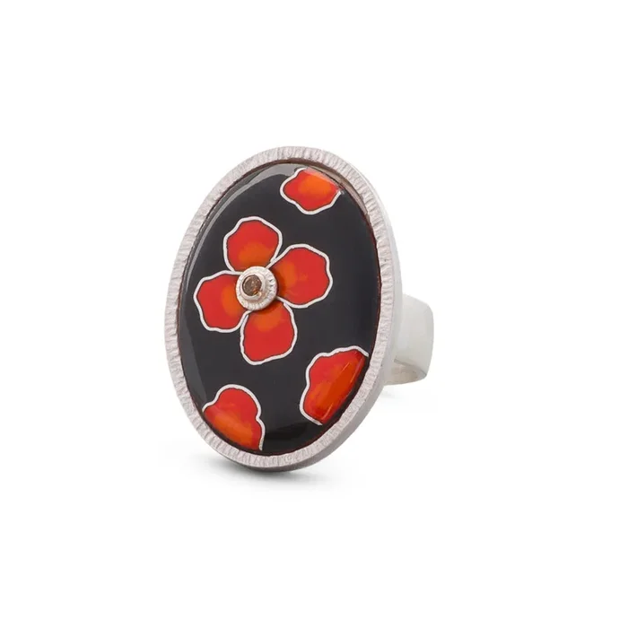 Cloisonne California Poppy Ring – Black