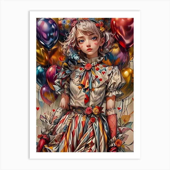 Clown Girl With Balloons Art Print by MORAE