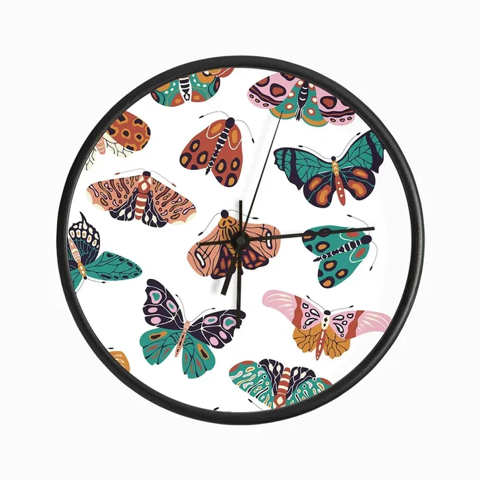 Colorful Hand Drawn Moths And Butterflies Pattern On White Clock by BlueLela