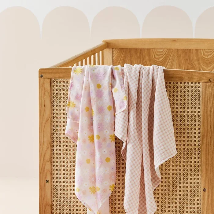 Cotton Peachy Pink Daisy Gingham Muslin Swaddle Pack of 2