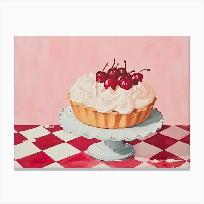 Cream Tart & Cherries With Red Checkerboard Canvas Print by Artful Appetite