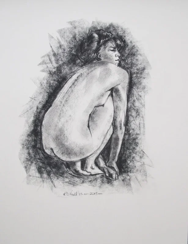 crouching female nude (2018) Drawing by Rory O’Neill