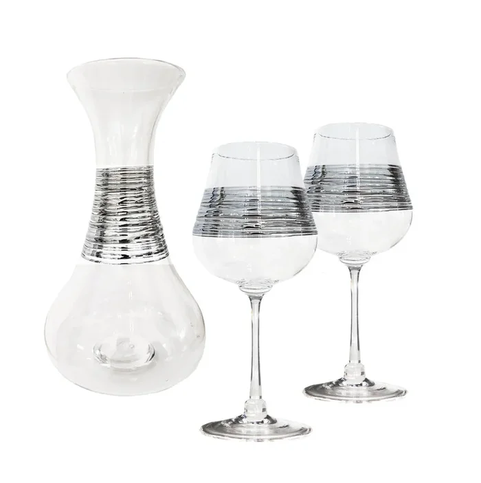 Crystal Silverspun Decanter and Wine Glass Set – Decanter with 4 Wine Glasses