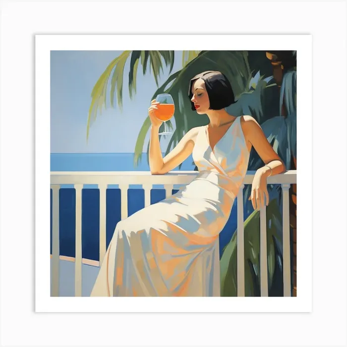 Dbmedia 11218 Lady In A Summer Dress Leaning On A Railing Sippi 6121cedf 5c1f 4855 9e94 Cba3345f1634 Art Print by DBmedia
