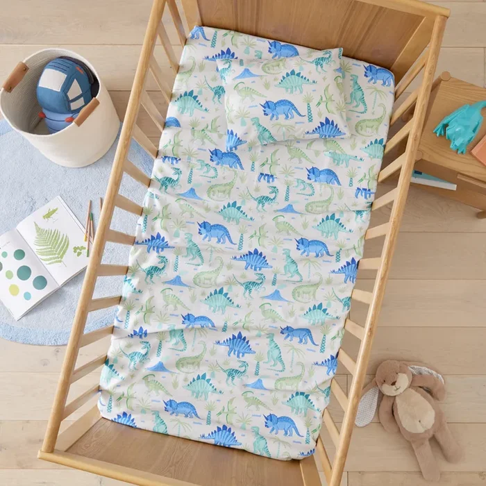 Dino Play Mint Flannelette Cot Sheet Set