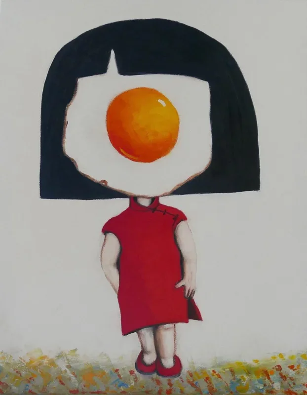 Egg girl in red Chinese dress (2018) Oil painting by Ta Byrne