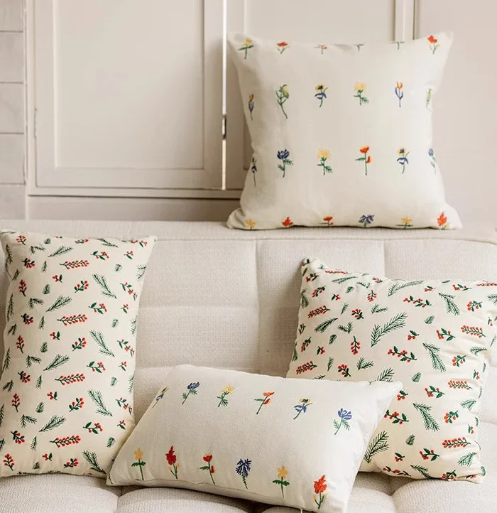 Embroider Flower Cotton Pillow Covers, Spring Flower Decorative Pillows for Bedroom, Decorative Pillows for Couch, Farmhouse Decorative Pillows for Sofa