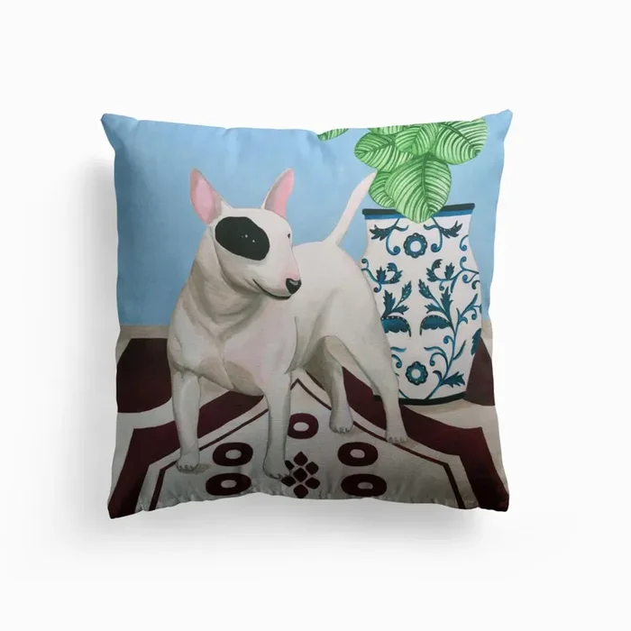 English Bull Terrier With Plant Cushion by Sally B
